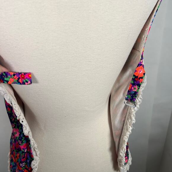 Vtg Women's Floral Tankini Top XS Pink Purple Lace Trim Sleeveless Swim Beach - Picture 4 of 9